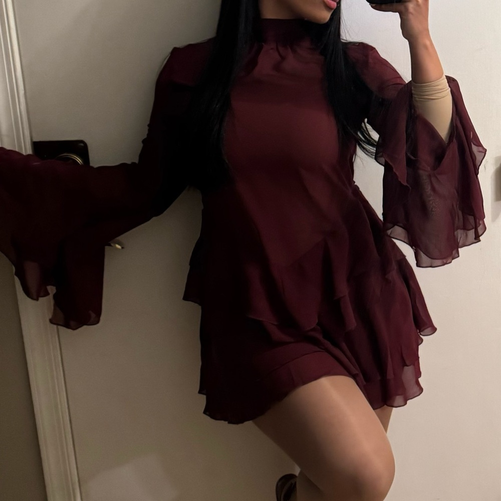 Meshki Burgundy Ruffle Mini Dress with Bell Sleeves